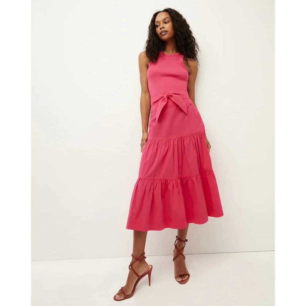 NWT Veronica Beard‎ Austyn Dress Fuchsia Pink Tiered Midi Poplin Small *No Belt* - Picture 3 of 10